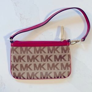 NWOT Michael Kors wristlet - classic signature brown fabric with red leather